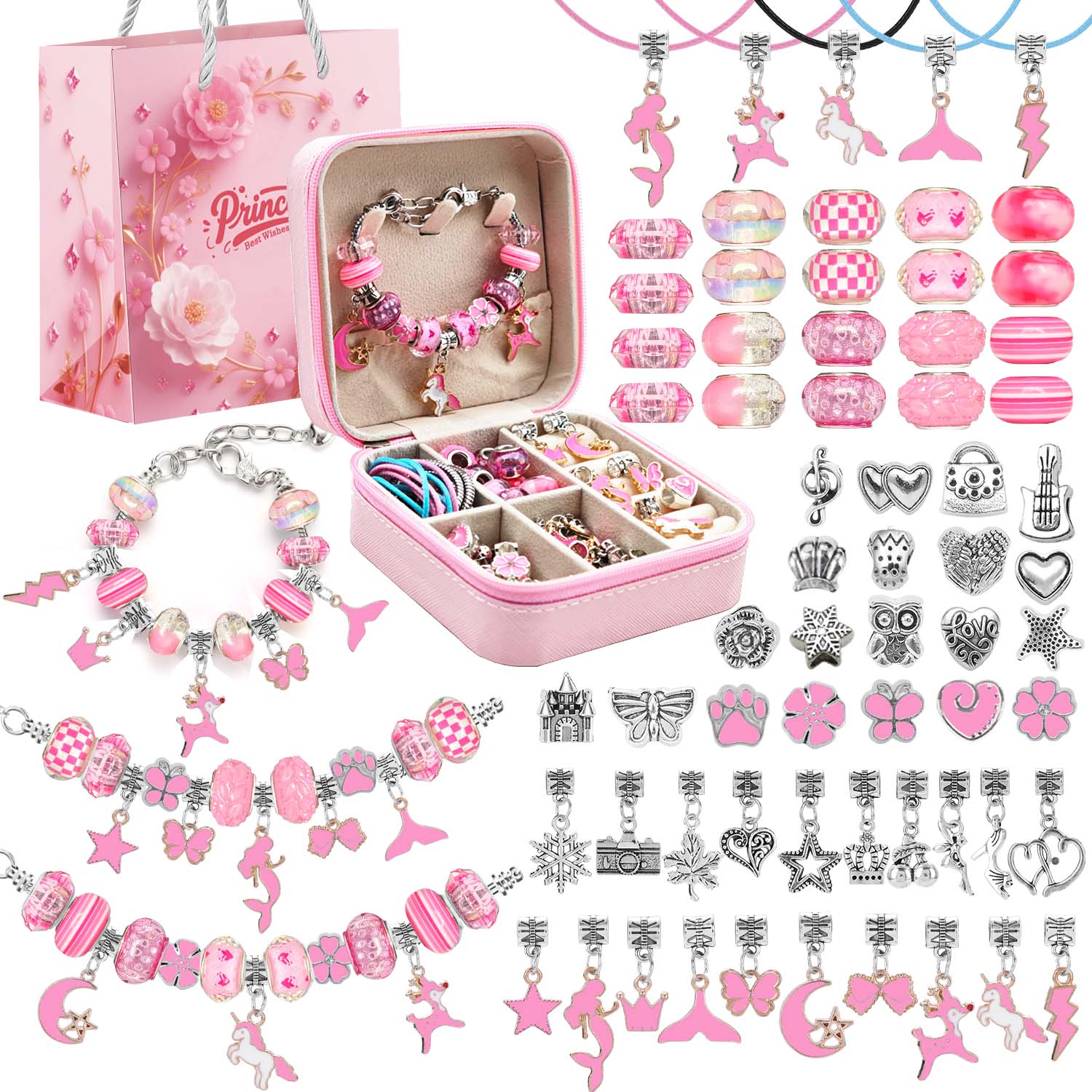 Jewelry Making Kits For Kids - 68pcs pink beaded jewelry set, charm